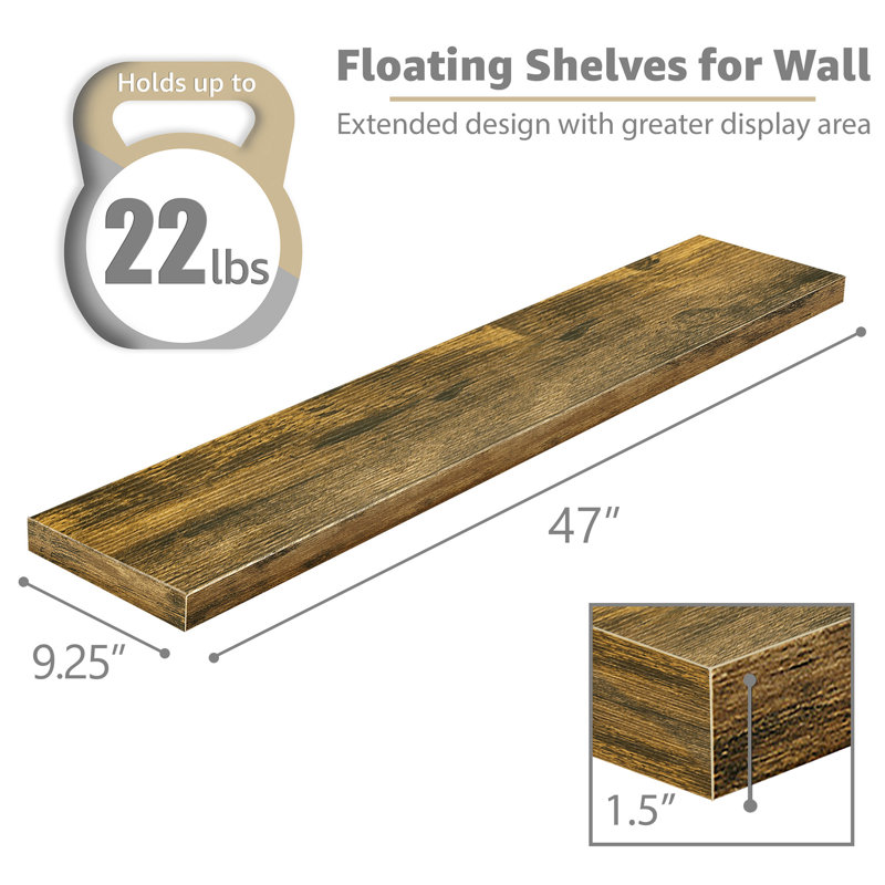 47" Extra-Long Floating Shelves with Invisible Mounting - Set of 2, Walnut, Walnut, 1.5” H x 47'' L x 9.25'' W