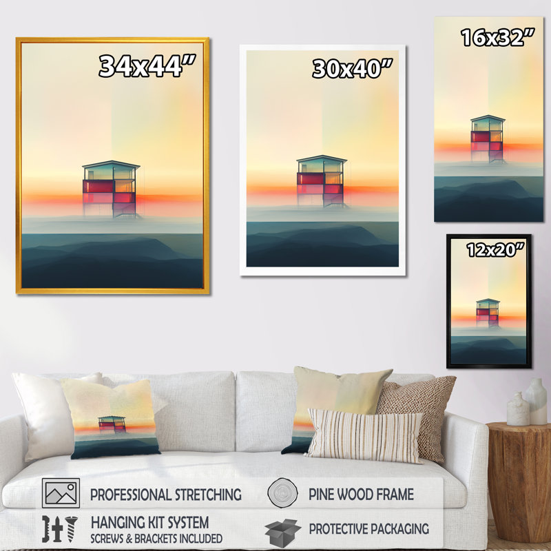 Minimal Orange Beach House I - reproduction sur toile, 20" H x 12" W, Cadre flottant noir