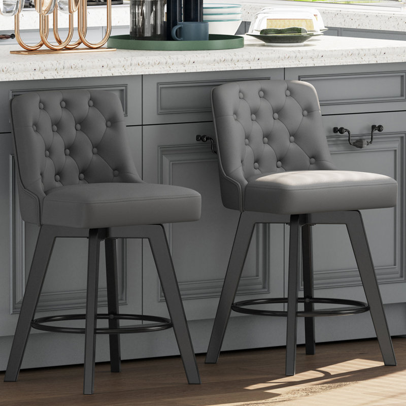 Swivel Upholstered 26'' Counter Stool Wood Leg, Dark Gray, Counter Stool (26" Seat Height), 2