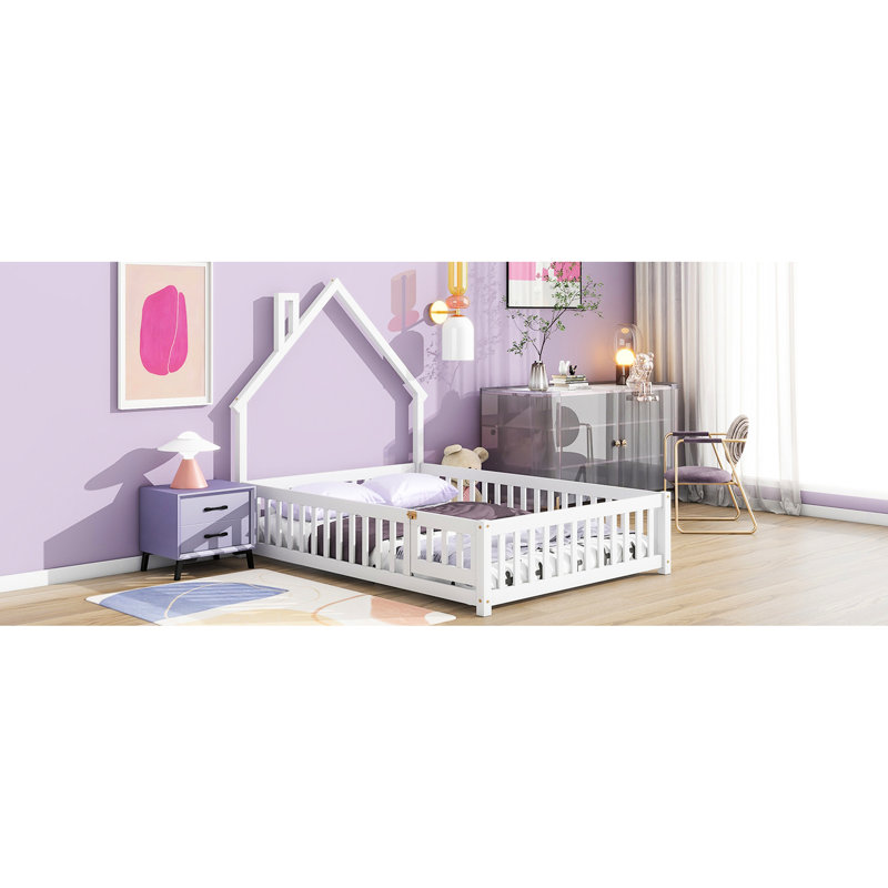 Lit de tête de lit blanc en forme de maison avec clôture - Structure simple en bois de pin pour chambre à coucher de style maison et précaution