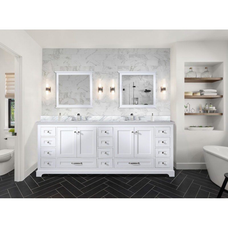 Meuble-lavabo double blanc 84 po X P 22 po D, dessus en marbre de Carrare et ensemble de robinet, Blanc