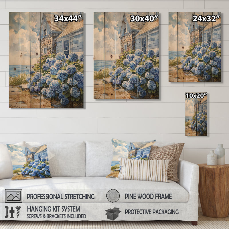 Hortensias au bord de la mer - Art mural en bois d'hortensias - sur bois de pin naturel, H 20 po x l 10 po x P 0,78 po