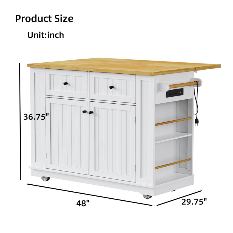 Grand îlot de cuisine de 48 pouces avec plaque pliante, prise de courant et tablettes de rangement intérieures (tabourets non inclus)