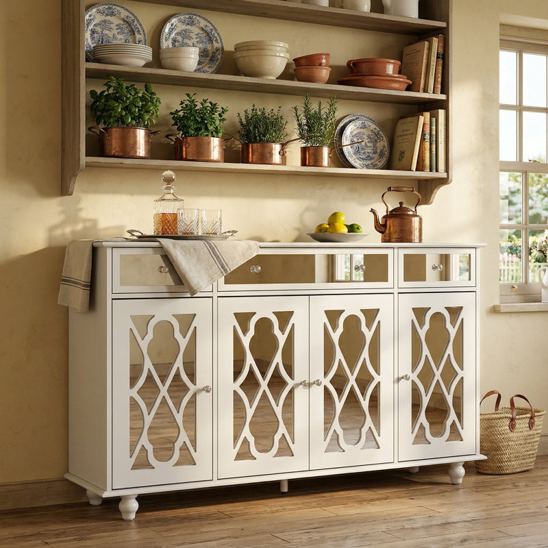 Buffet à porte à miroir 3 tiroirs Amiee, Blanc