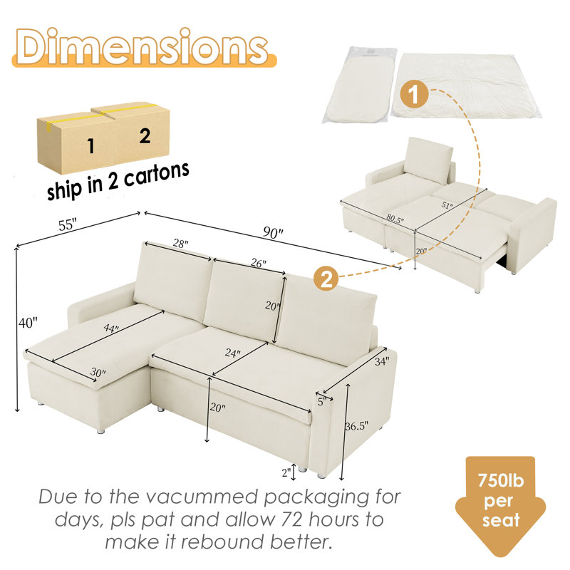 90"W Convertible Sleeper Sofa with Reversible Chaise, Beige Corduroy