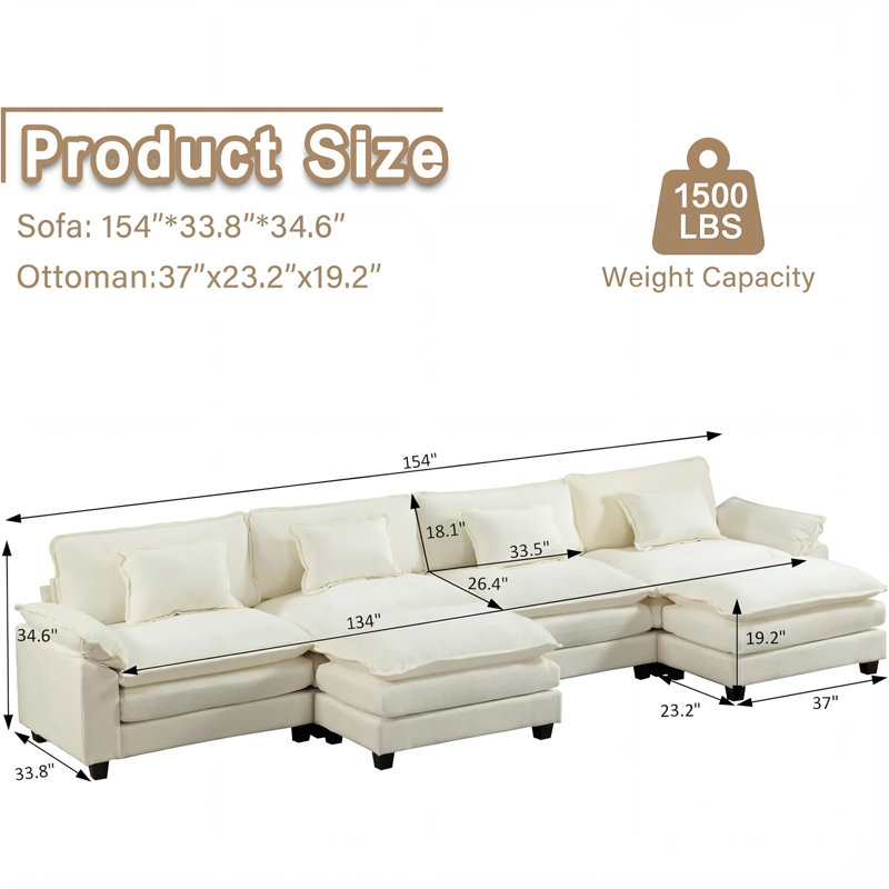 Canapé modulaire modulaire en U à rayons en forme de U de 154 po avec repose-pieds amovible Modern, Chenille beige