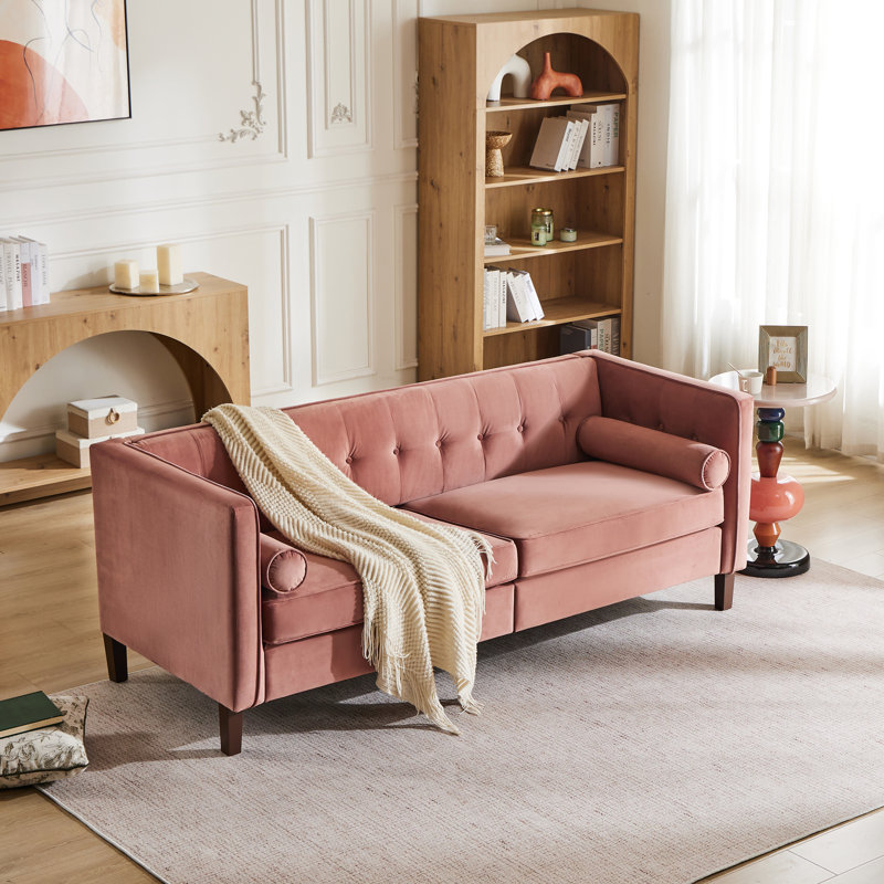 Canapé capitonné Chelsea, Velours rose, Structure en fer