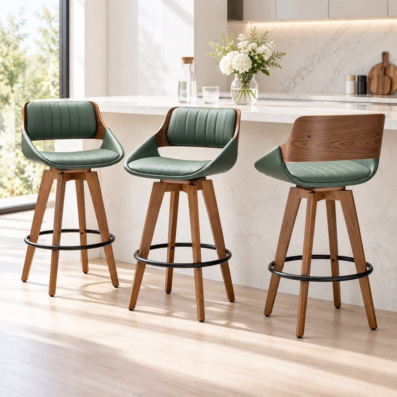 Omar 3-Piece Swivel Upholstered Counter Stool Set, Green
