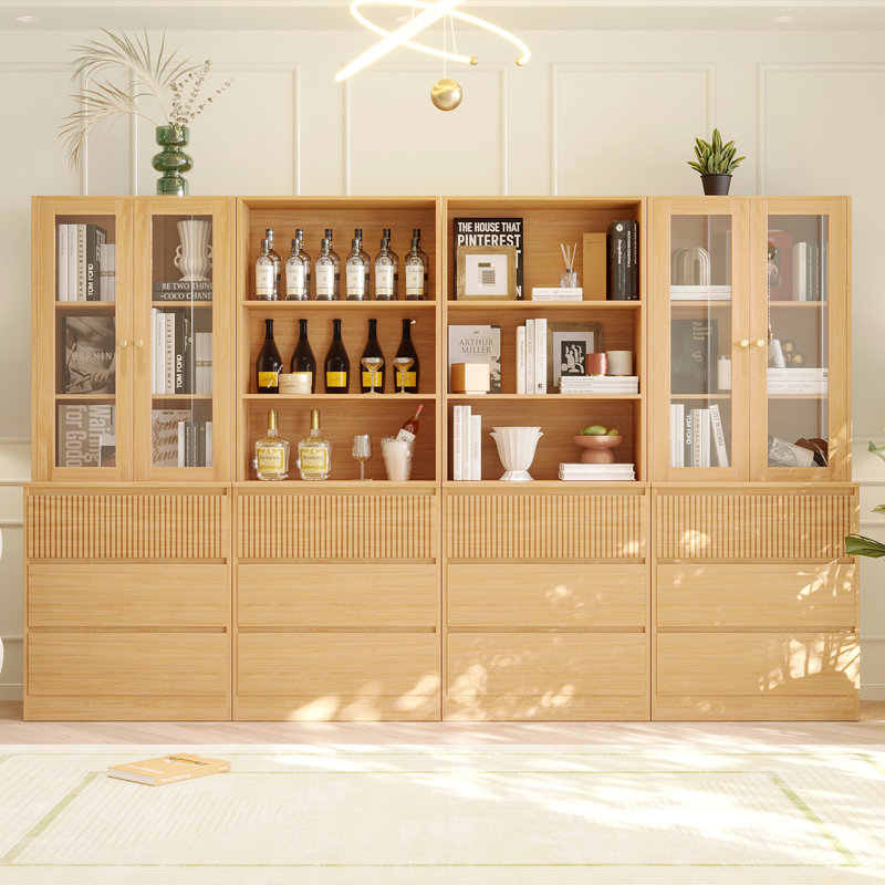 71" H X 94.5" W Bookcase Cabinet With Tempered Glass Doors & Large Storage Drawers (2B+2D)