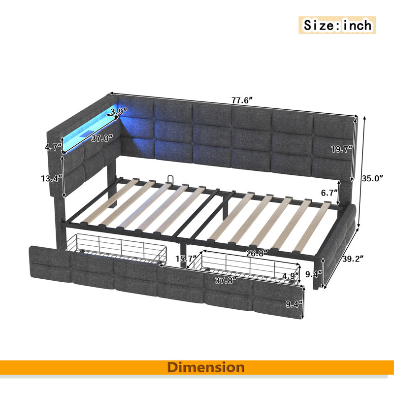 Upholstered Twin Size Daybed With Storage 2 Drawers And Charging Station, Day Bed Frame With LED Lights And Storage Headboard, No Box-Spring Needed