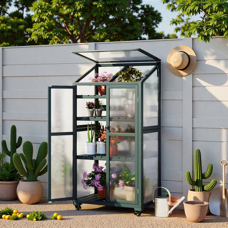 Wood Large Greenhouse Balcony Portable Cold Frame With Wheels, Adjustable Shelves And Openable Roof, Forest Green