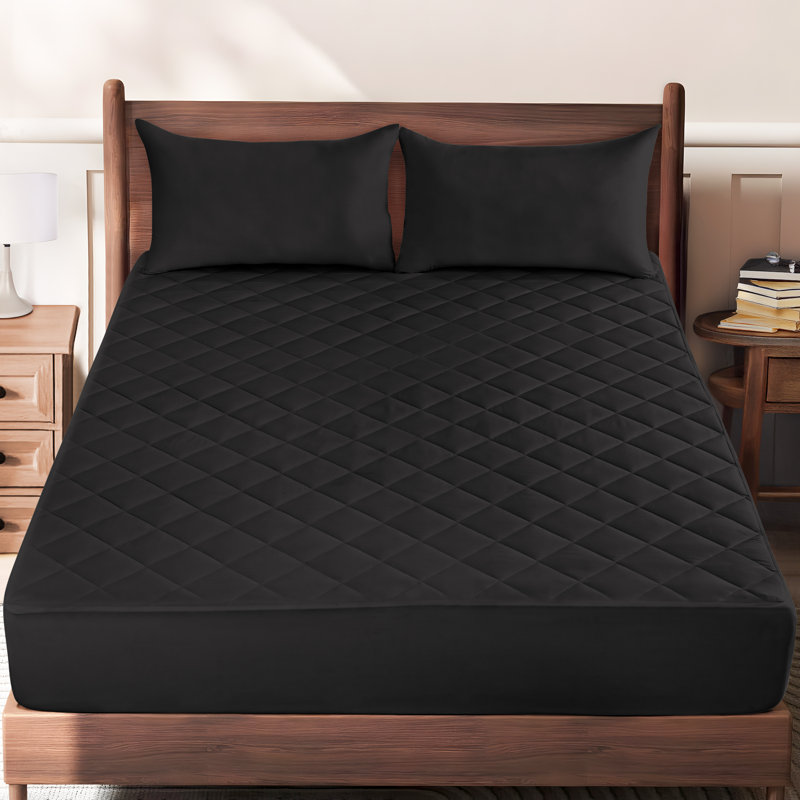 Quilted Elastic Fitted Polyester Waterproof Mattress Pad Upto 16 Inches Deep Pocket, California King, Black