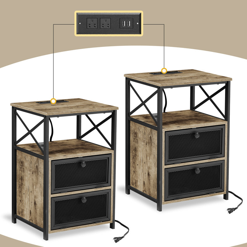Shept 2 - Drawer End Table Set and Built-In Outlets, Gray