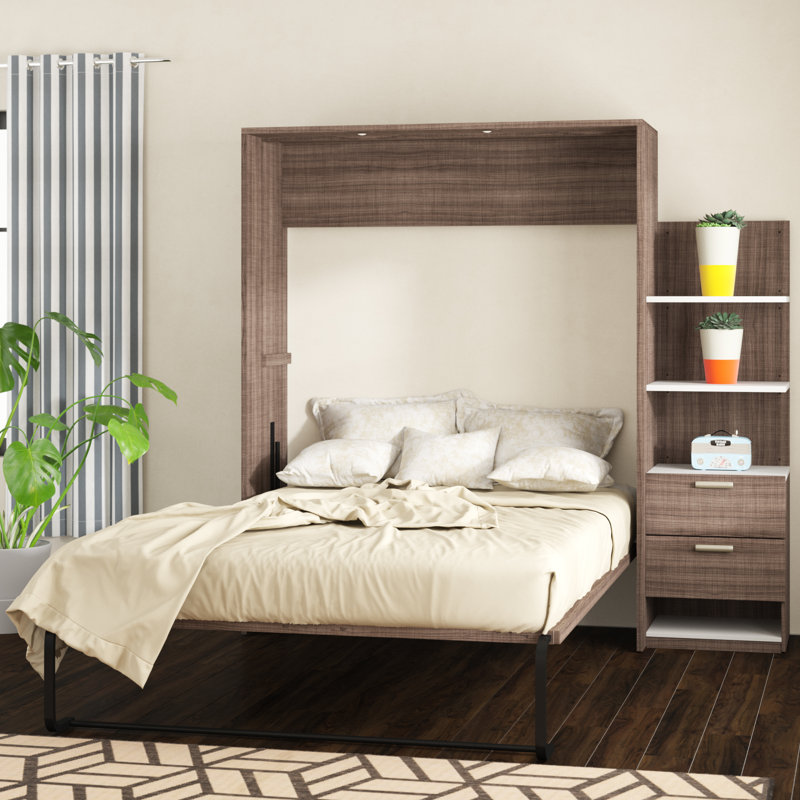 Osterman Storage Murphy Bed with Nightstand and Floating Shelves, Queen, Rustic Brown/White
