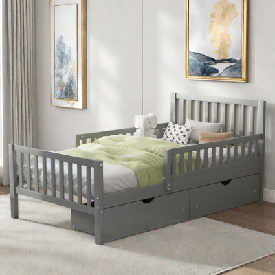 Wood Platform Bed With Guardrails On Both Sides And Two Storage Drawers