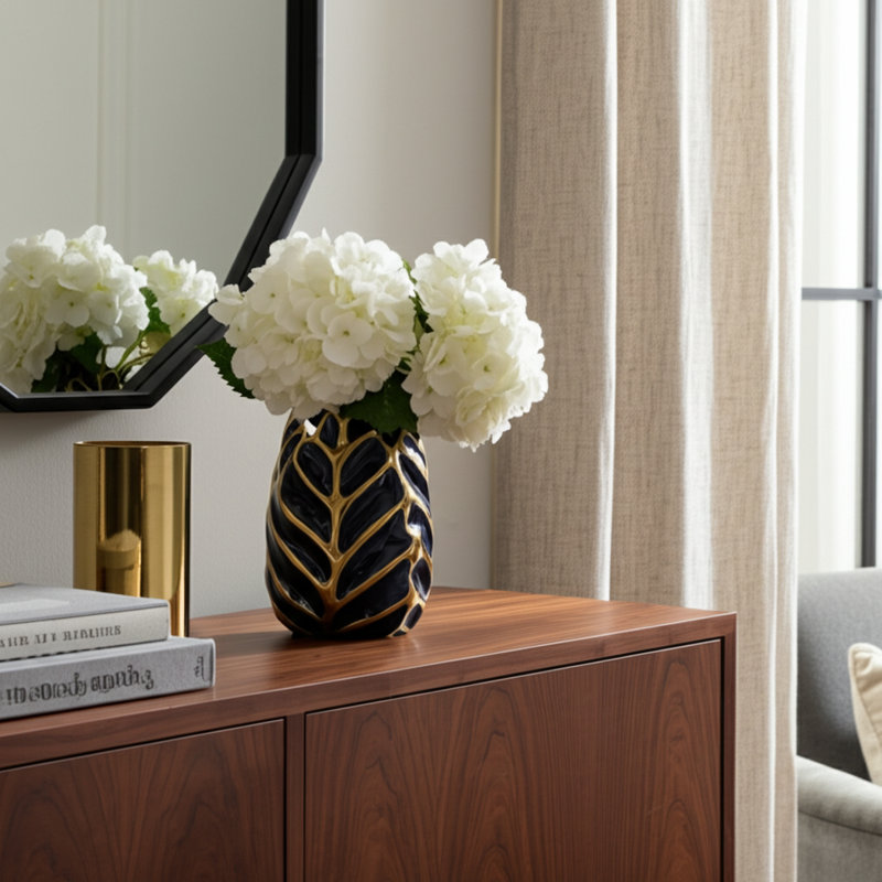 Addington Decorative Ceramic Leaf Design Table Vase Home Decor - Modern Table Flower Vase Accent for Living Room, Bedroom, or Console Styling