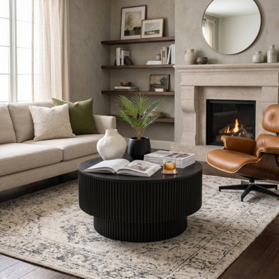 31.5" Round Coffee Table with Storage, Fluted Wood Pedestal Coffee Table