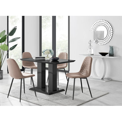 Edzard Double Pedestal High Gloss Dining Table Set with 4 Luxury Faux Leather Dining Chairs