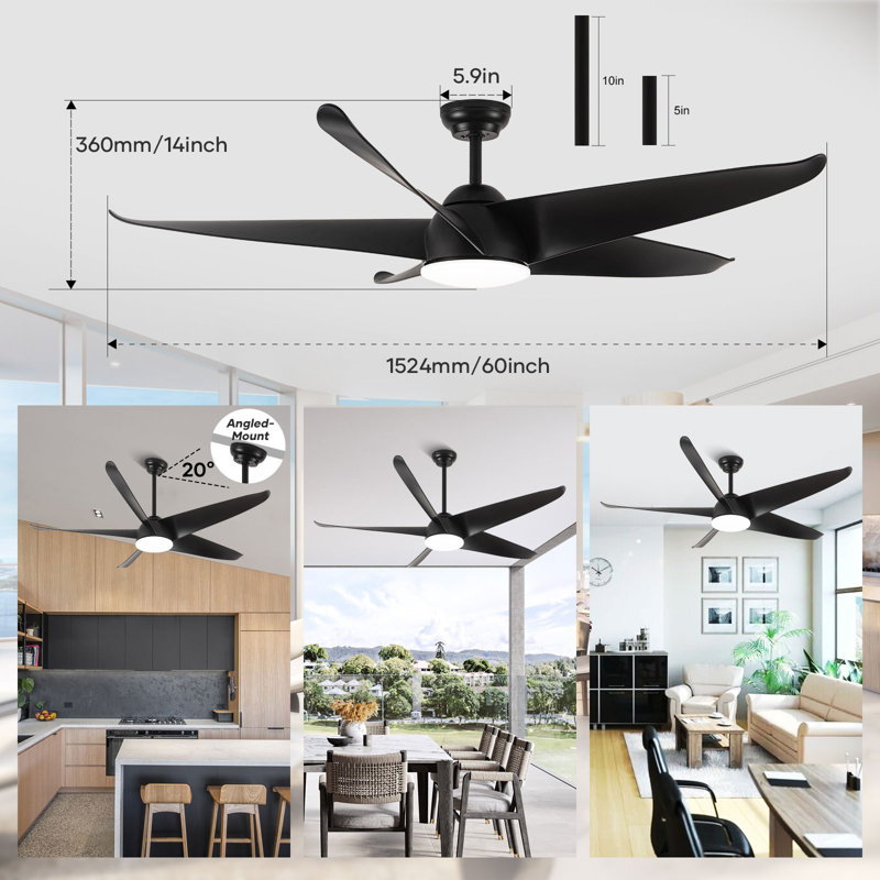 60'' Modern Ceiling Fan With Led Light And Remote Control, 5 Abs Blades