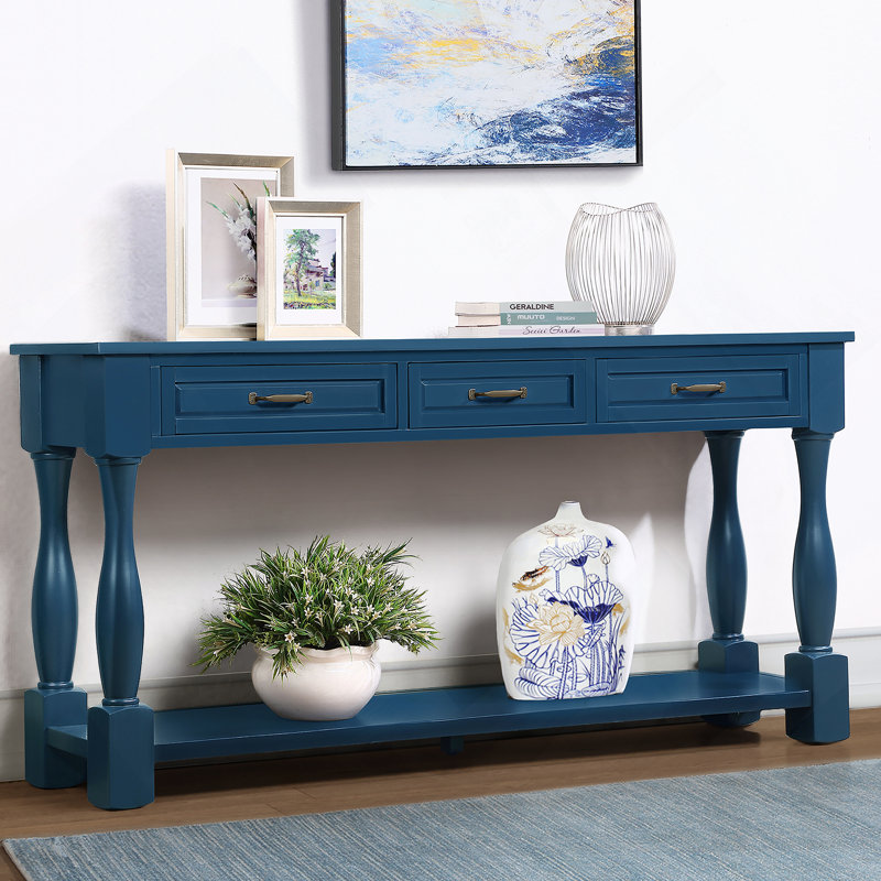 Console de 63 po de long en bois avec 3 tiroirs et 1 tablette inférieure pour le vestibule, Marine