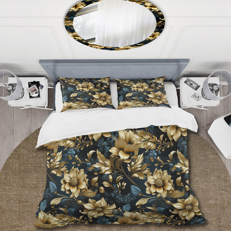 Literie Glamour IV bleu foncé et doré, Housse de couette pour très grand lit et 2 très