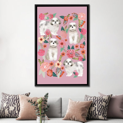 « shih tzu », collage floral sur toile tendue