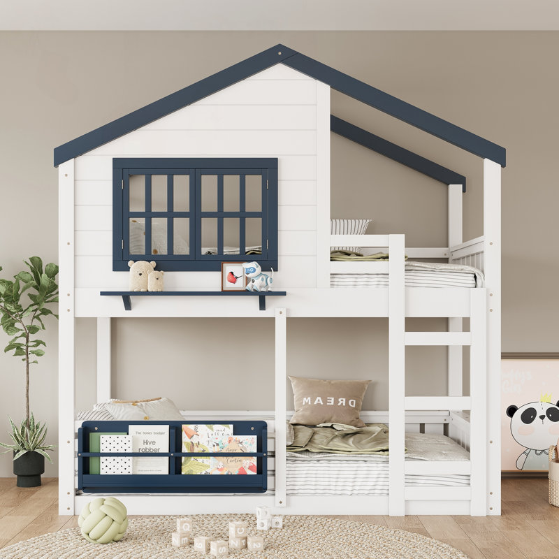 Lit superposé simple avec bibliothèque, conception de maison, clôture de sécurité de haute qualité, idéale pour les chambres d'enfants et maximisant l'espace