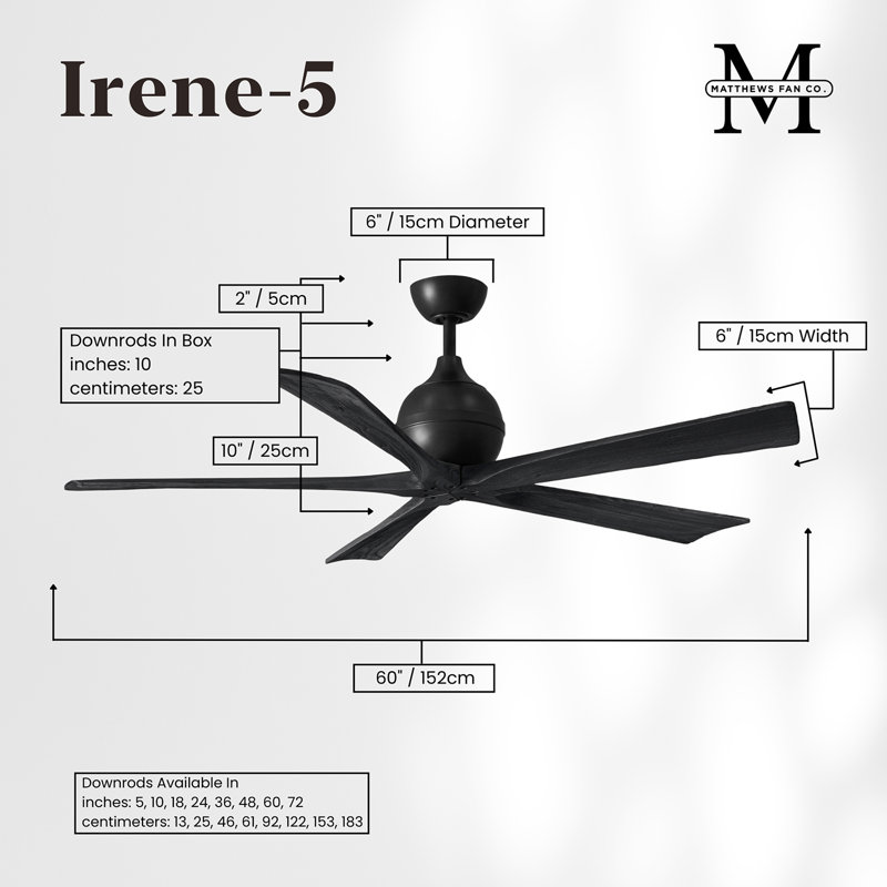 52" Irene 5-Blade Ceiling Fan with Wall Remote, Matte Black, Matte Black, 60"