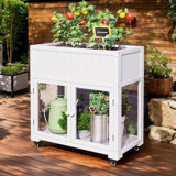 Mini Wood Cold Frame Potting Bench, Compact 2 Doors Garden Greenhouse with Wheels