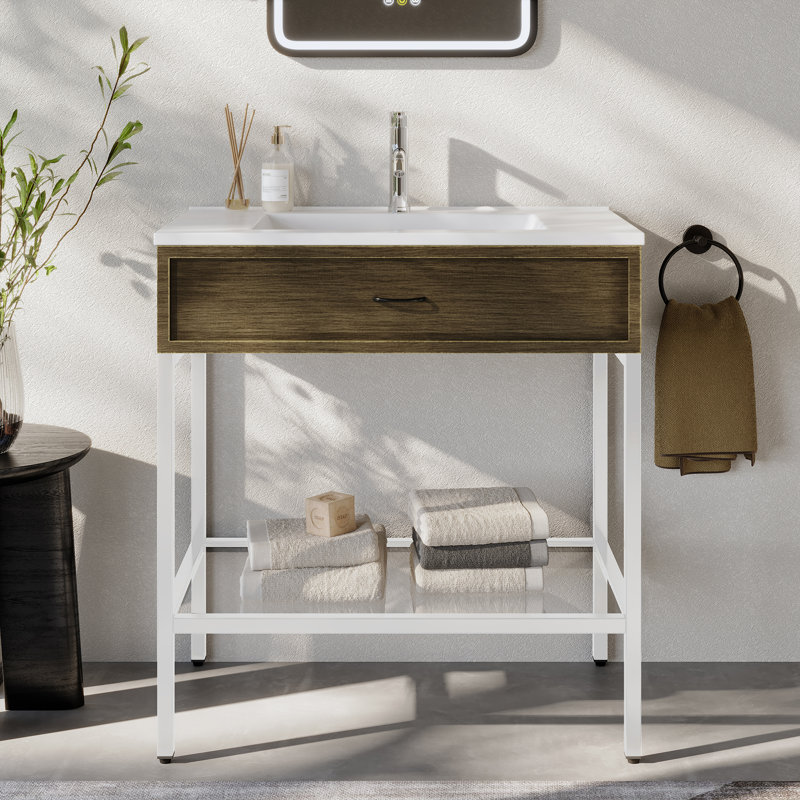 Meuble-lavabo moderne 31 po en acier inoxydable blanc mat avec lavabo intégré, tiroir décoratif, tablette en verre trempé pour appartements modernes, salles de bain principales et d'invités