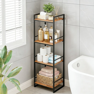 Étagère de rangement autoportante à 4 niveaux avec structure en métal et tablettes d'aspect bois pour l'organisation de la salle de bain, de la cuisine et du salon