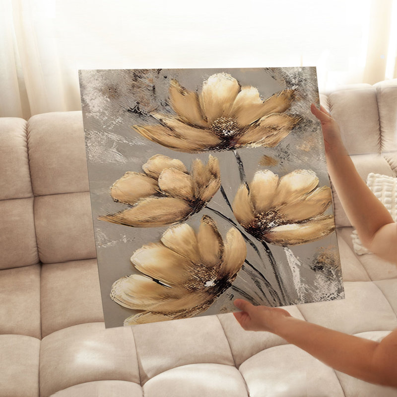Impression florale de fleurs dorées modernes sans cadre, H 28 po x l 28 po