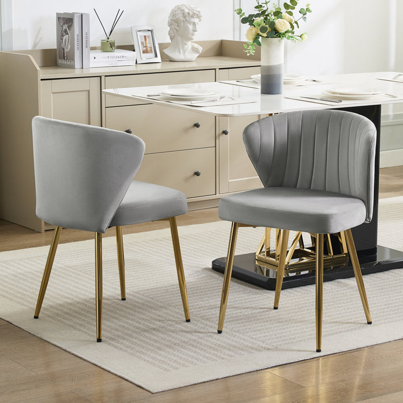 Velvet Upholstered Vanity Accent Chair with Gold Metal Legs, Gray