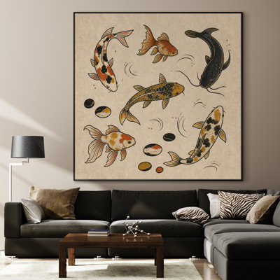 Très grand art mural imprimé sur tissu - Collection Koi et silure décorative au design neutre pour le salon ou la chambre à coucher - «Assemblage requis du cadre (cadre non fini)»