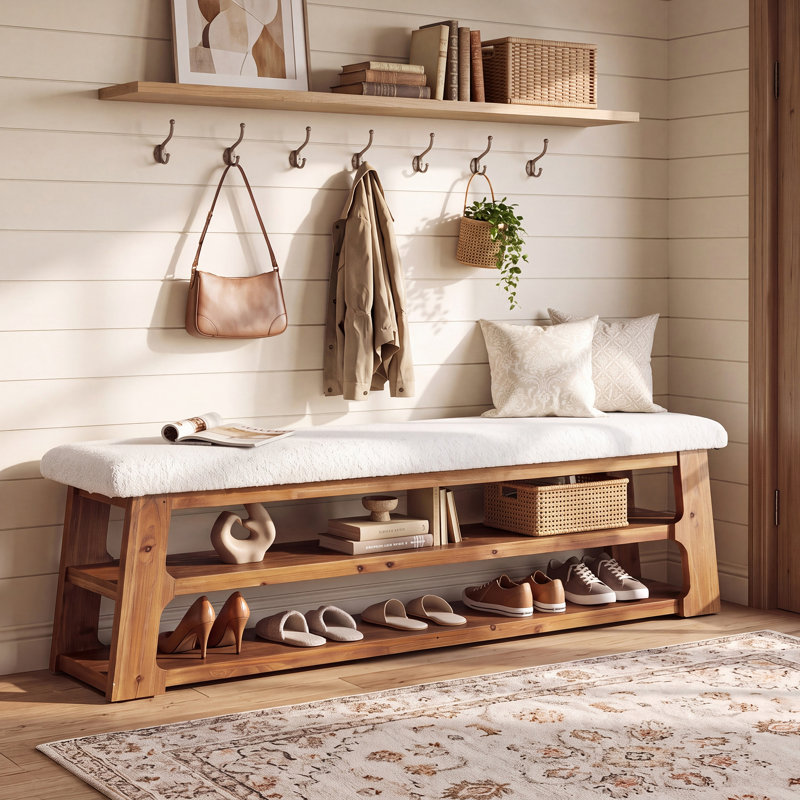 Banc d'entrée à 3 niveaux en bois massif avec coussin en fausse fourrure.