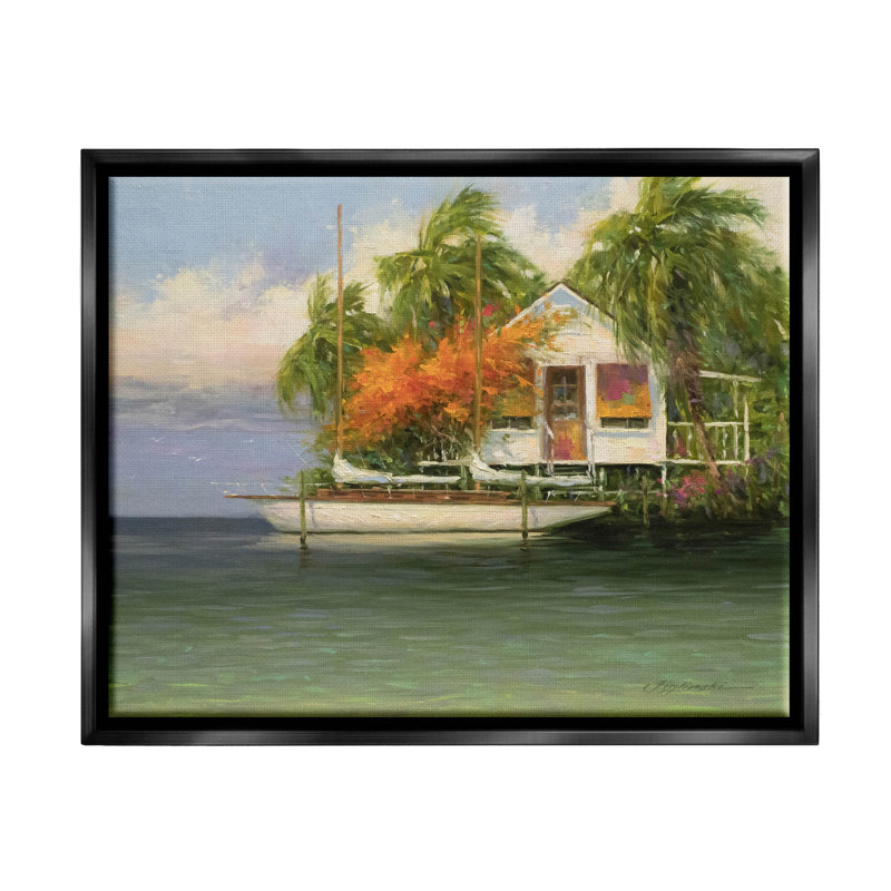 «Tropical Seaside House Boat», peinture sur toile à cadre flottant, Cadre flottant noir de jais, H 17 po x l 21 po x P 1,7 po