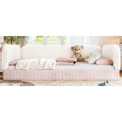 Structure de lit double rembourré pour enfants, lit plateforme semi-fermé Montessori pour garçons et filles, lit plateforme à profil bas avec garde-corps latéraux, beige