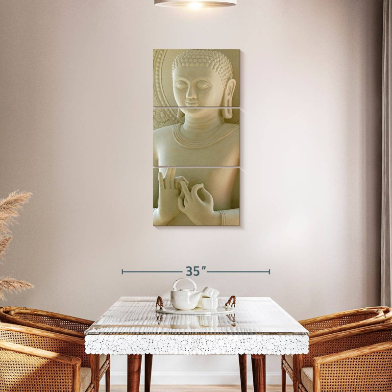 Bouddha calcaire 3 pièces, H 44 po x l 21 po x P 1,25 po