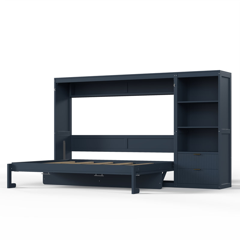 Lit escamotable avec bureau et tiroirs de rangement, cadre de lit mural pliable avec étagères et éclairage DEL pour petite chambre, format Queen, bleu