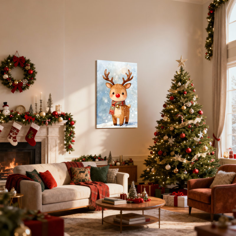 Mignon renne de Noël avec nez rouge et écharpe, ensemble de 3 impressions sur toile, H 24 po x l 16 po