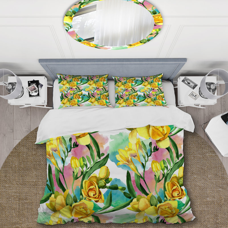 Roses jaunes et feuille verte - Ensemble de housse de couette Cabin & Lodge