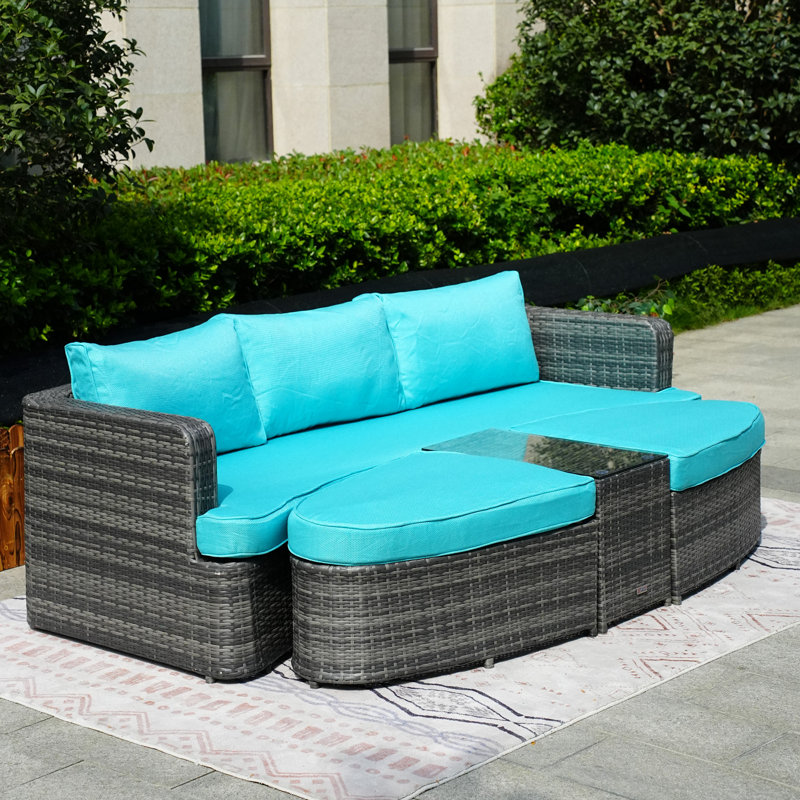 Lit de jour d'extérieur en osier avec coussins 88,98 po Anazco, Cyan, Gris