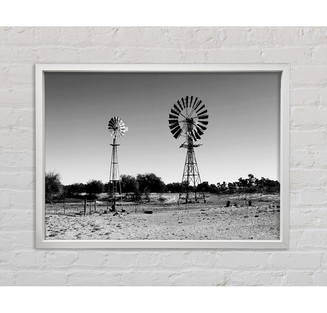 Windmills In The Desert B N W - Einzelbildrahmen Kunstdrucke auf Leinwand