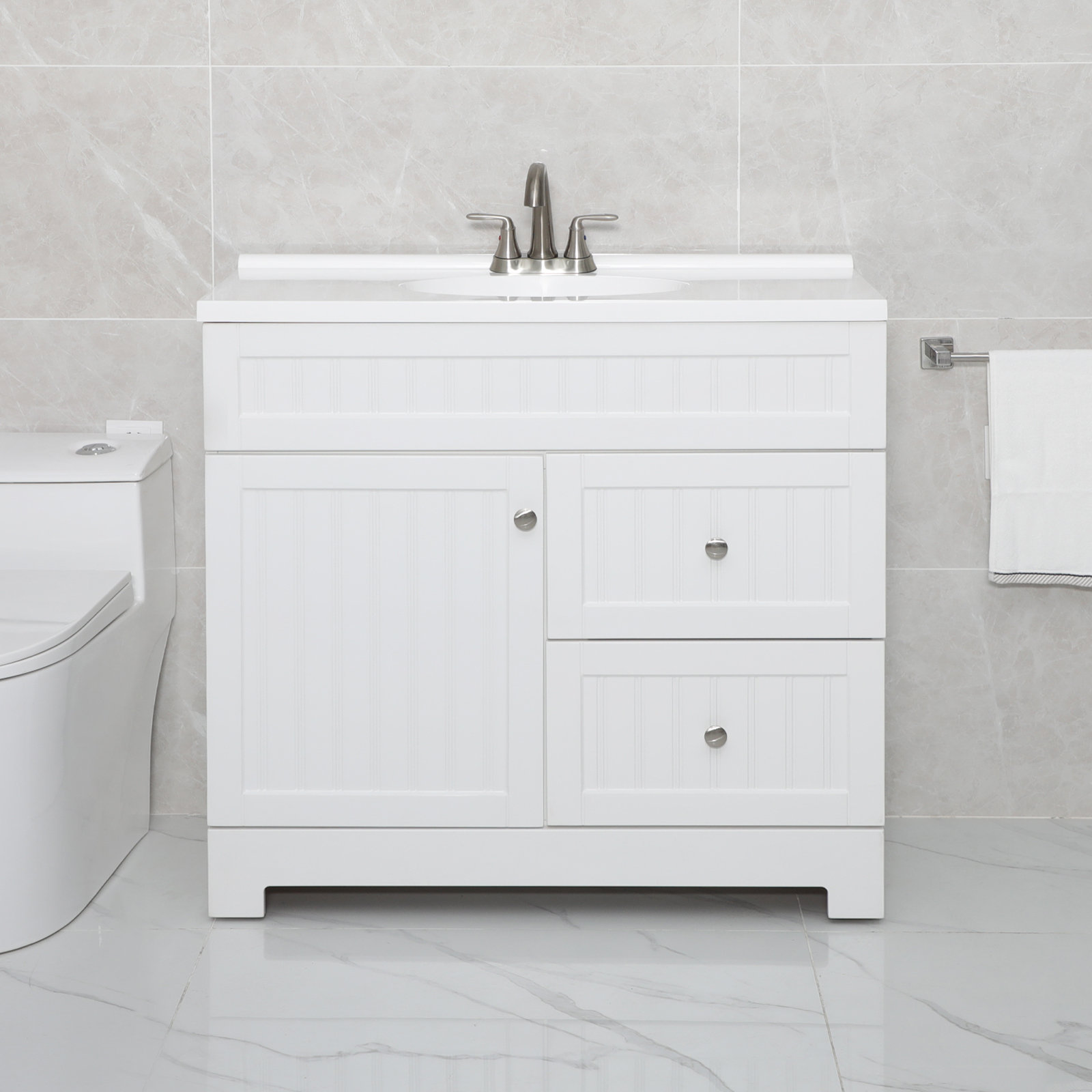 Bathroom Freestanding Wood Floor Cabinet with 2 Drawers and 1 Storage Shelf, White - ModernLuxe