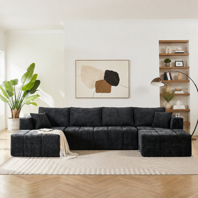 Canapé modulaire en chenille de 132 po en U en forme de U, canapé désossé de style nuage avec salons, canapé rembourré moderne avec porte-gobelets et poches latérales, canapé à compression pour le salon, aucun assemblage requis, noir