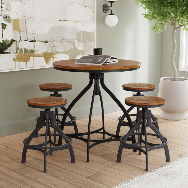 Kerome 5-piece Adjustable Round Bar Stool Set, Brown