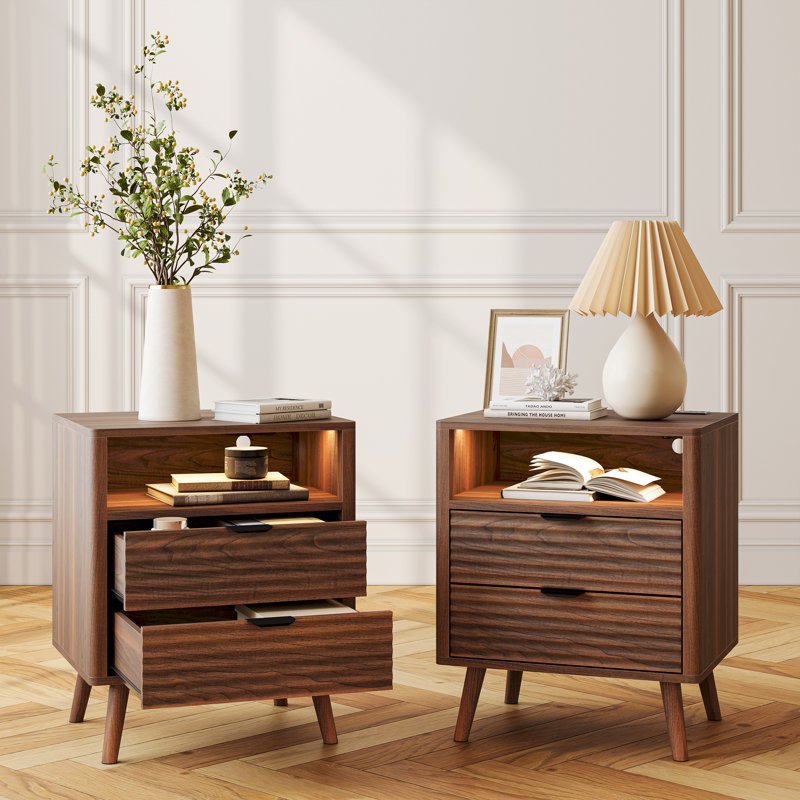  Table de chevet 19,7 po avec 2 tiroirs et tablette ouverte, table de chevet avec lumières et prises à DEL, table de bout pour la chambre à coucher ou le salon