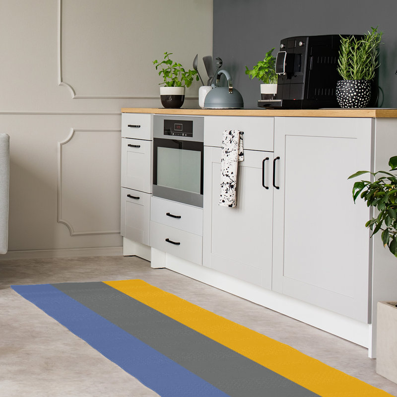 Tapis à rayures bleu/gris/jaune, Tapis de couloir 2 pi 6 po x 8 pi