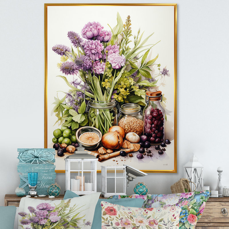 «Purple Green Food Herbs A Delicate», reproduction d'art sur toile, H 40 po x l 30 po x P 1,5 po, Cadre flottant doré