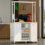 Îlot de cuisine avec espace de rangement, bar pour le petit-déjeuner avec panneau rabattable pliable, grandes armoires et tiroirs de rangement, grande table basse avec crochets